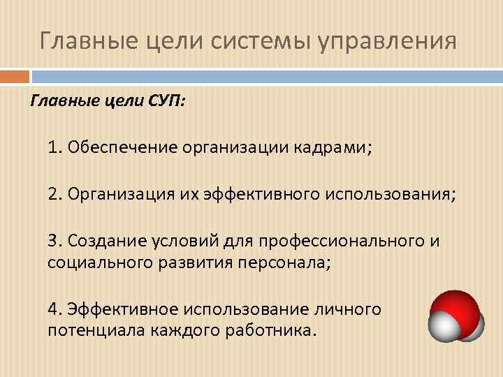 Главные цели системы управления Главные цели СУП: 1. Обеспечение организации кадрами; 2. Организация их