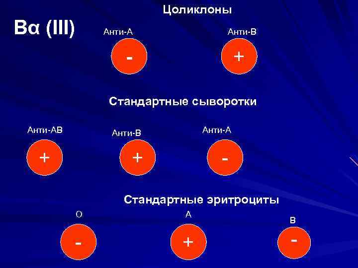 Цоликлоны Вα (III) Анти-А Анти-В - + Стандартные сыворотки Анти-АВ Анти-А Анти-В + +