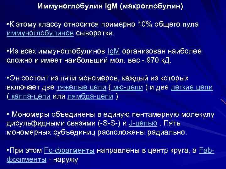 Иммуноглобулин Ig. M (макроглобулин) • К этому классу относится примерно 10% общего пула иммуноглобулинов