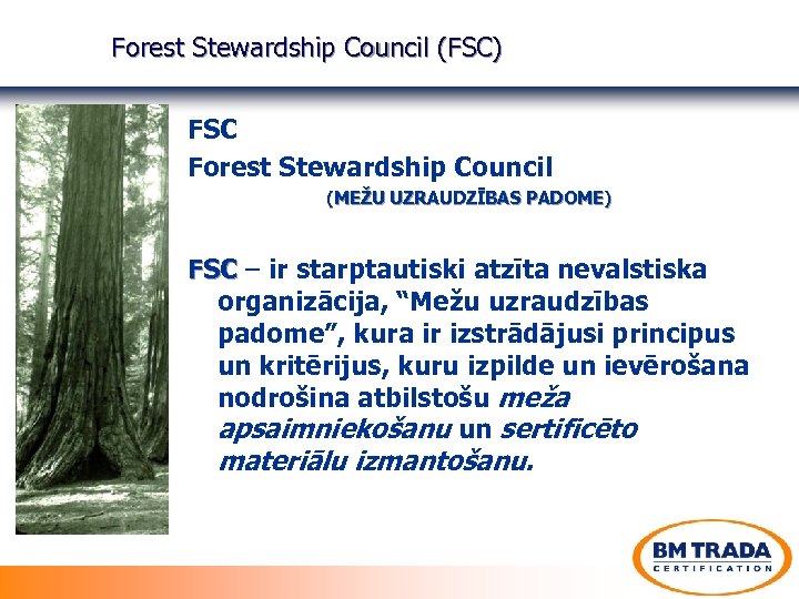 Forest Stewardship Council (FSC) FSC Forest Stewardship Council (MEŽU UZRAUDZĪBAS PADOME) FSC – ir