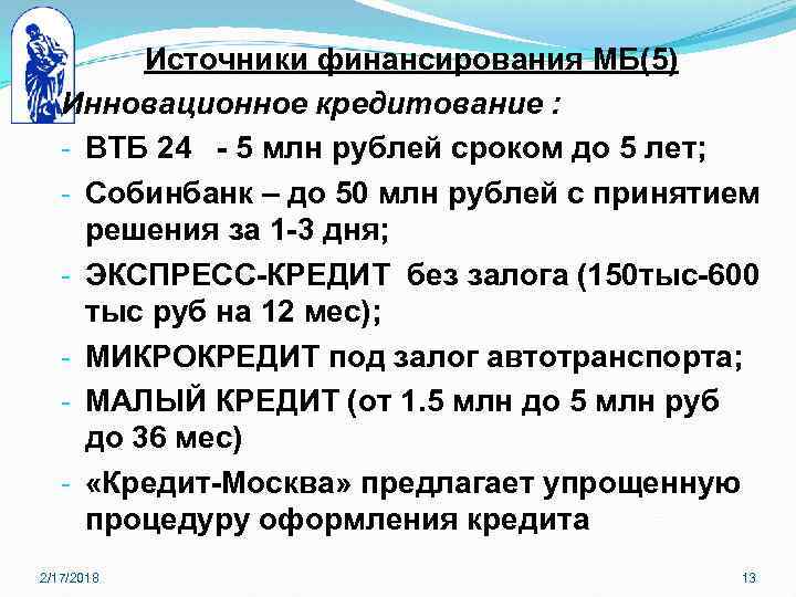 Источники финансирования МБ(5) Инновационное кредитование : - ВТБ 24 - 5 млн рублей сроком