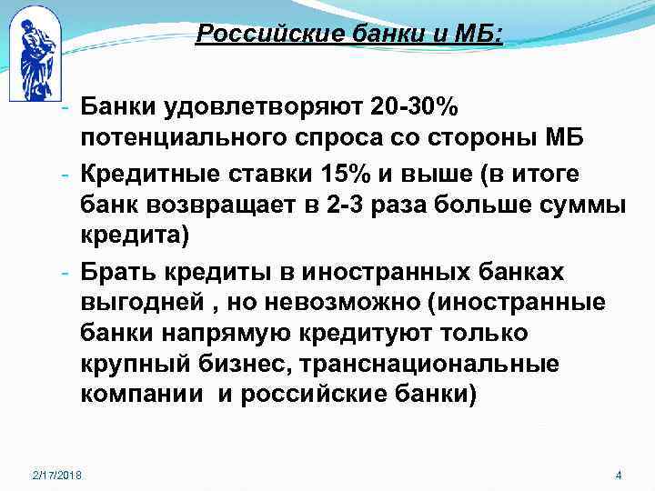 Российские банки и МБ: - Банки удовлетворяют 20 -30% потенциального спроса со стороны МБ