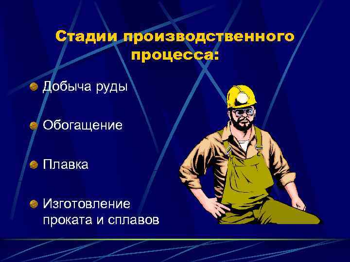 Стадии производственного процесса: Добыча руды Обогащение Плавка Изготовление проката и сплавов 