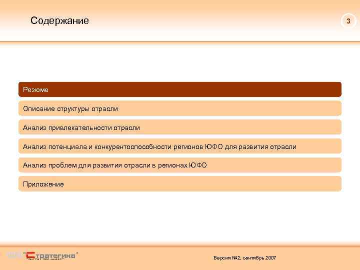 Содержание 3 Резюме Описание структуры отрасли Анализ привлекательности отрасли Анализ потенциала и конкурентоспособности регионов