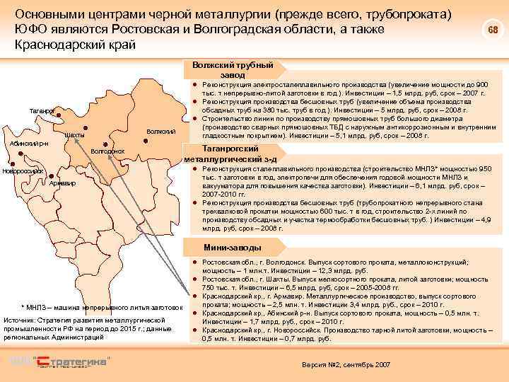 Основными центрами черной металлургии (прежде всего, трубопроката) ЮФО являются Ростовская и Волгоградская области, а