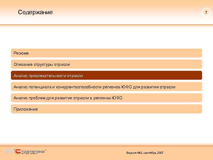 Содержание 7 Резюме Описание структуры отрасли Анализ привлекательности отрасли Анализ потенциала и конкурентоспособности регионов