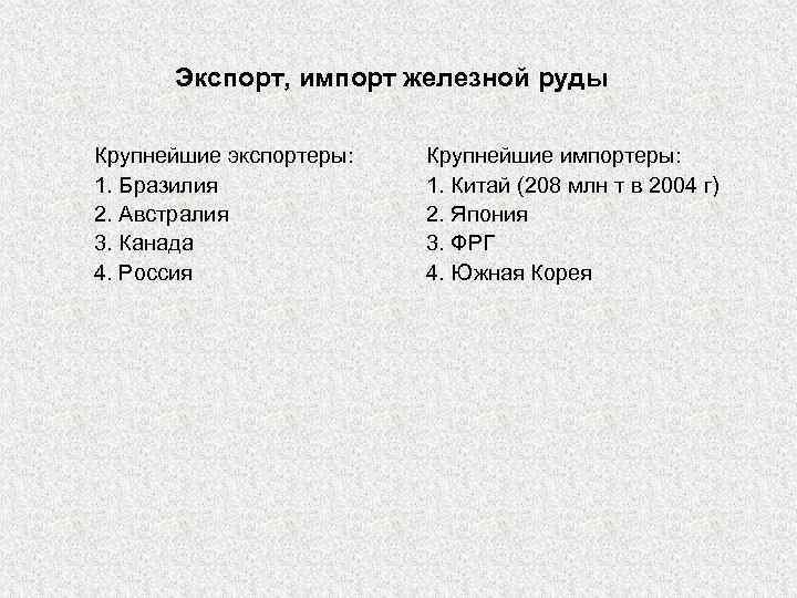Экспорт, импорт железной руды Крупнейшие экспортеры: 1. Бразилия 2. Австралия 3. Канада 4. Россия
