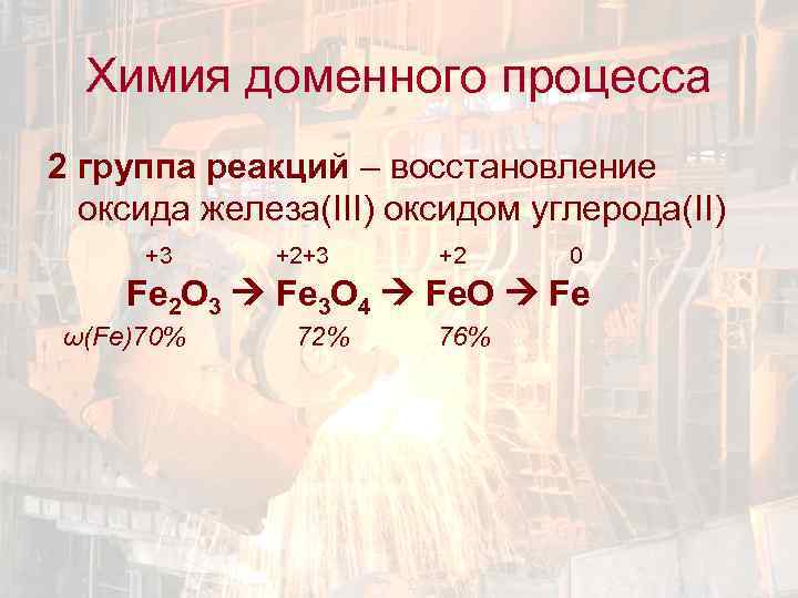 Химия доменного процесса 2 группа реакций – восстановление оксида железа(III) оксидом углерода(II) +3 +2