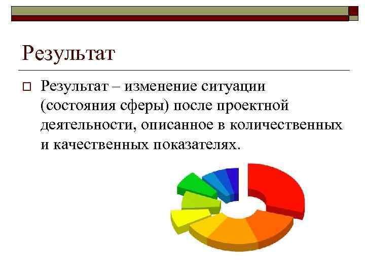 Результат o Результат – изменение ситуации (состояния сферы) после проектной деятельности, описанное в количественных