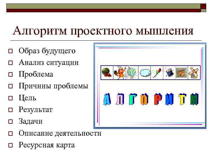 Алгоритм проектного мышления o o o o o Образ будущего Анализ ситуации Проблема Причины