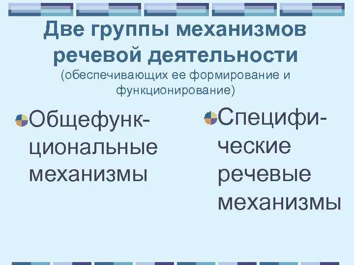 Две группы механизмов речевой деятельности (обеспечивающих ее формирование и функционирование) Общефункциональные механизмы Специфические речевые