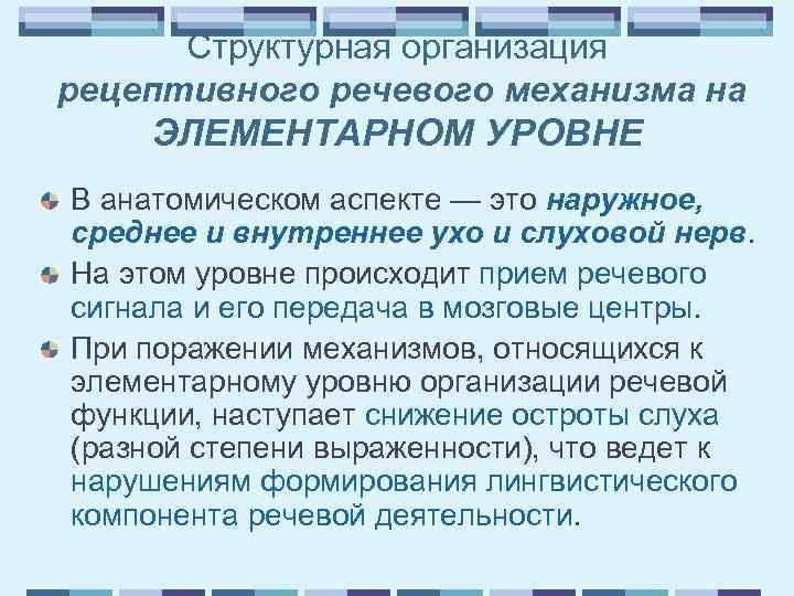 Структурная организация рецептивного речевого механизма на ЭЛЕМЕНТАРНОМ УРОВНЕ В анатомическом аспекте — это наружное,