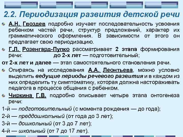 Схема нормального развития детской речи по гвоздеву