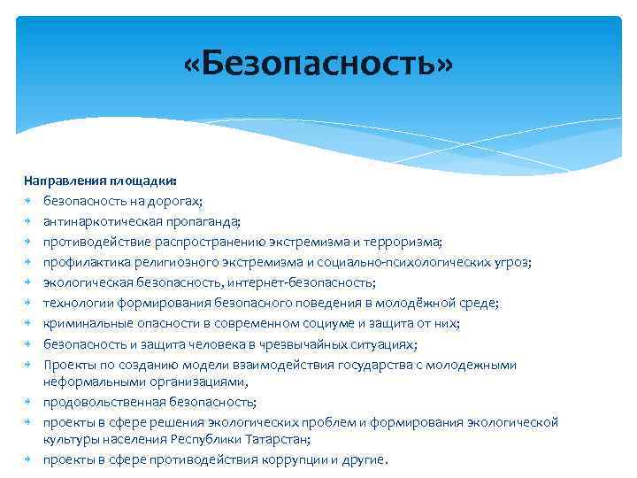  «Безопасность» Направления площадки: безопасность на дорогах; антинаркотическая пропаганда; противодействие распространению экстремизма и терроризма;