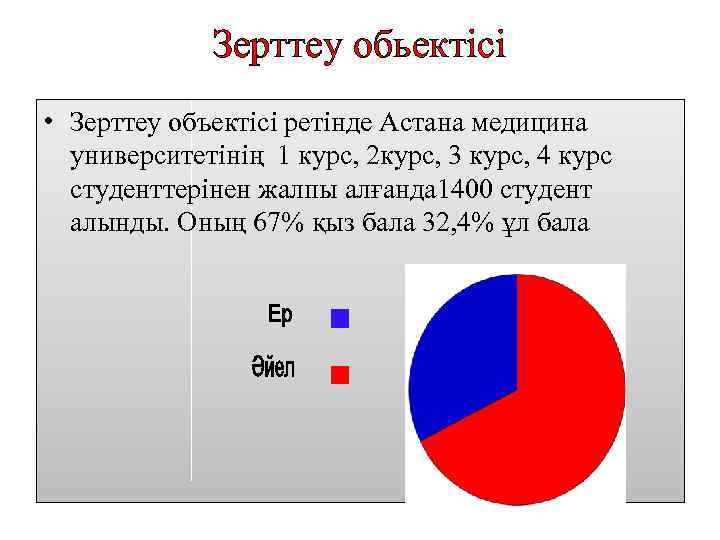 Зерттеу обьектісі • Зерттеу объектісі ретінде Астана медицина университетінің 1 курс, 2 курс, 3