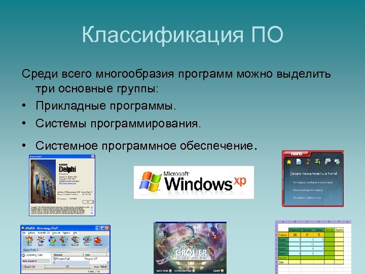 Классификация ПО Среди всего многообразия программ можно выделить три основные группы: • Прикладные программы.