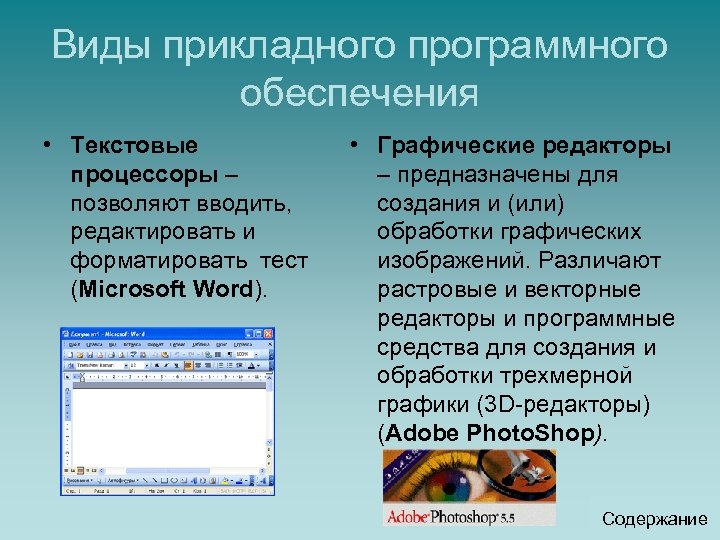 Виды прикладного программного обеспечения • Текстовые процессоры – позволяют вводить, редактировать и форматировать тест