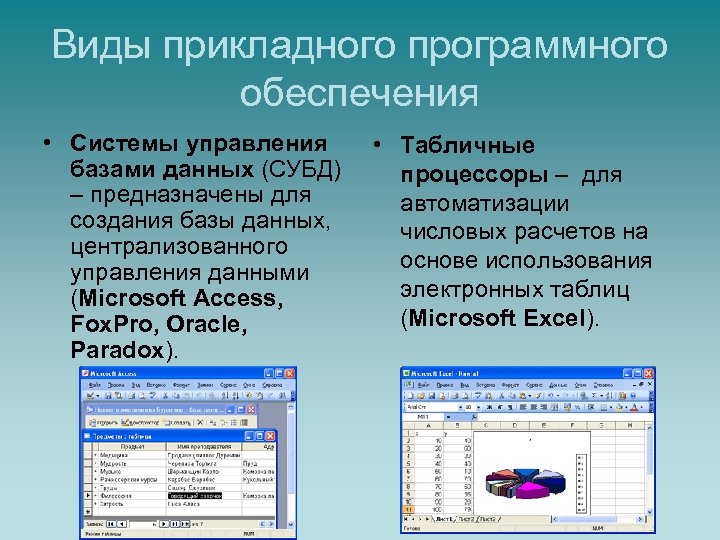 Виды прикладного программного обеспечения • Системы управления базами данных (СУБД) – предназначены для создания