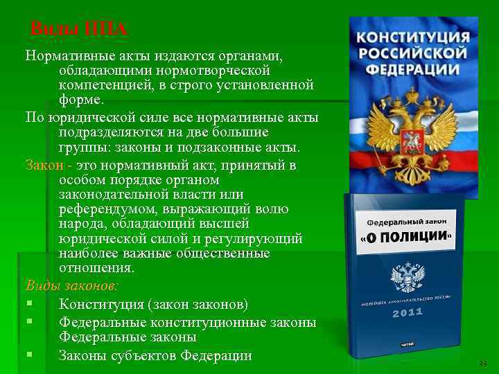 Виды НПА Нормативные акты издаются органами, обладающими нормотворческой компетенцией, в строго установленной форме. По