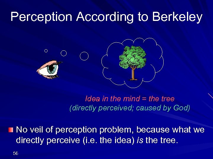 Perception According to Berkeley Idea in the mind = the tree (directly perceived; caused