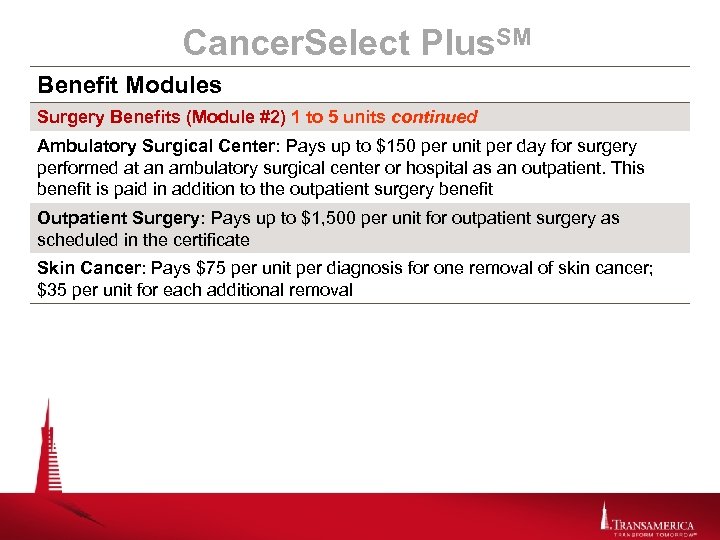 Cancer. Select Plus. SM Benefit Modules Surgery Benefits (Module #2) 1 to 5 units