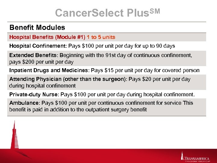 Cancer. Select Plus. SM Benefit Modules Hospital Benefits (Module #1) 1 to 5 units