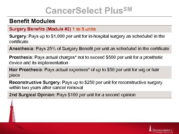 Cancer. Select Plus. SM Benefit Modules Surgery Benefits (Module #2) 1 to 5 units