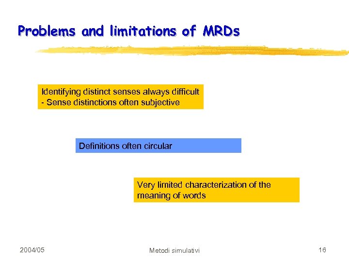 Problems and limitations of MRDs Identifying distinct senses always difficult - Sense distinctions often