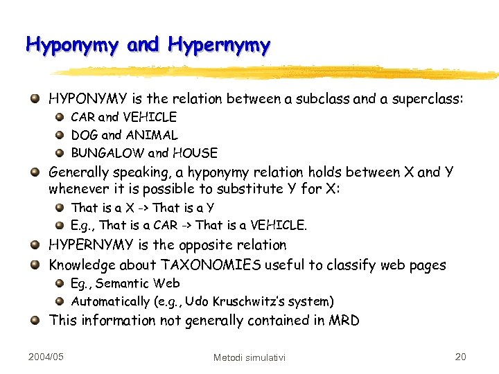 Hyponymy and Hypernymy HYPONYMY is the relation between a subclass and a superclass: CAR