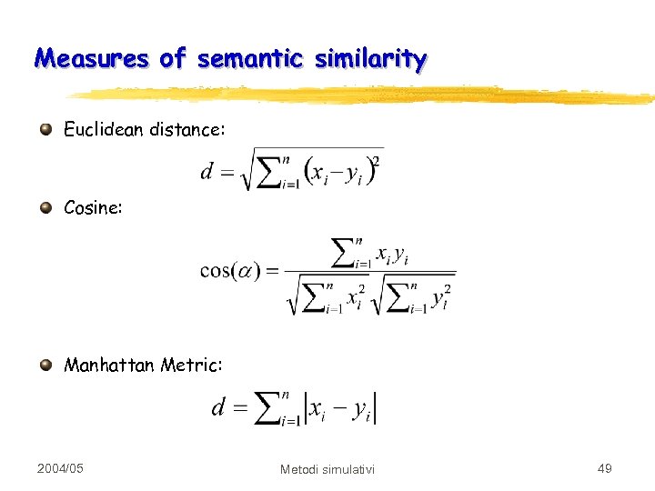 Measures of semantic similarity Euclidean distance: Cosine: Manhattan Metric: 2004/05 Metodi simulativi 49 