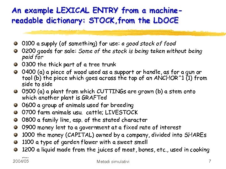 An example LEXICAL ENTRY from a machinereadable dictionary: STOCK, from the LDOCE 0100 a