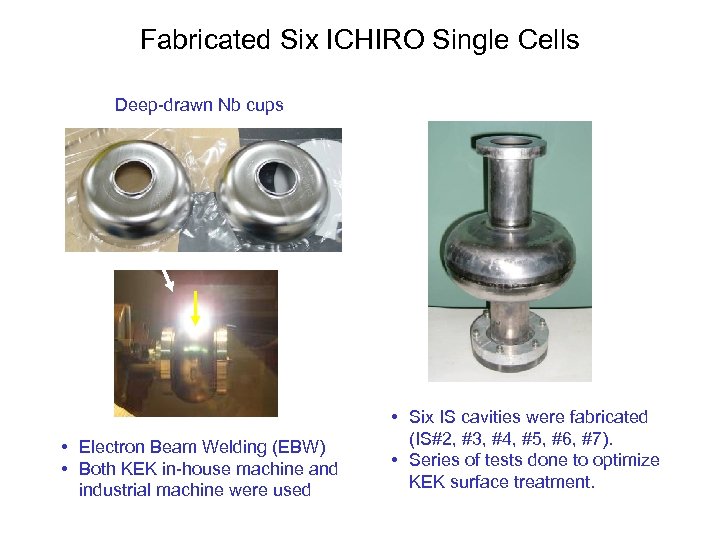 Fabricated Six ICHIRO Single Cells Deep-drawn Nb cups • Electron Beam Welding (EBW) •
