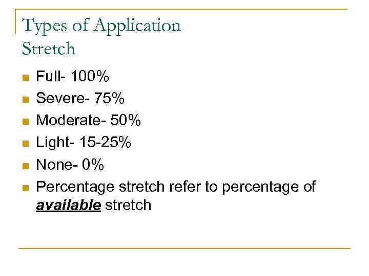 Types of Application Stretch n n n Full- 100% Severe- 75% Moderate- 50% Light-