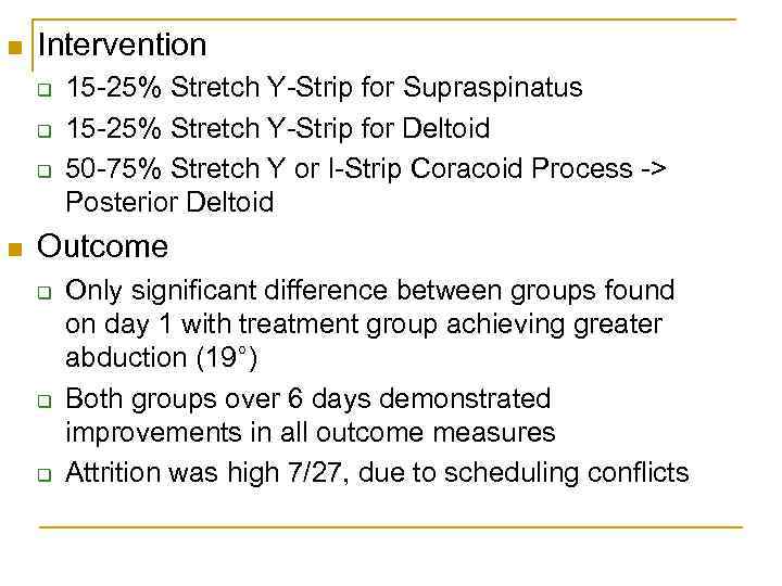 n Intervention q q q n 15 -25% Stretch Y-Strip for Supraspinatus 15 -25%