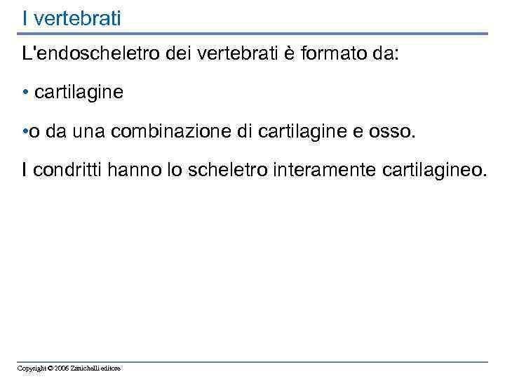 I vertebrati L'endoscheletro dei vertebrati è formato da: • cartilagine • o da una