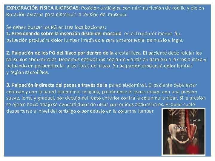 EXPLORACIÓN FÍSICA ILIOPSOAS: Posición antiálgica con mínima flexión de rodilla y pie en Rotación