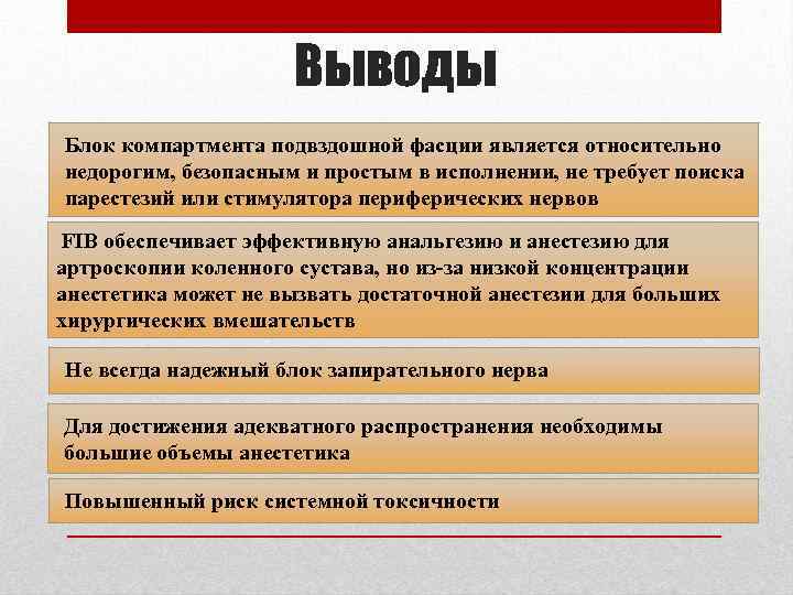 Выводы Блок компартмента подвздошной фасции является относительно недорогим, безопасным и простым в исполнении, не