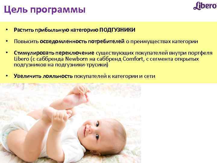 Цель программы • Растить прибыльную категорию ПОДГУЗНИКИ • Повысить осведомленность потребителей о преимуществах категории