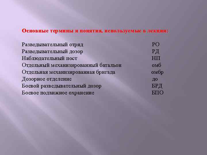 Основные термины и понятия, используемые в лекции: Разведывательный отряд Разведывательный дозор Наблюдательный пост Отдельный