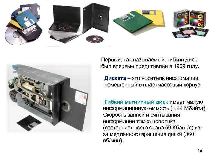 Первый, так называемый, гибкий диск был впервые представлен в 1969 году. Дискета – это
