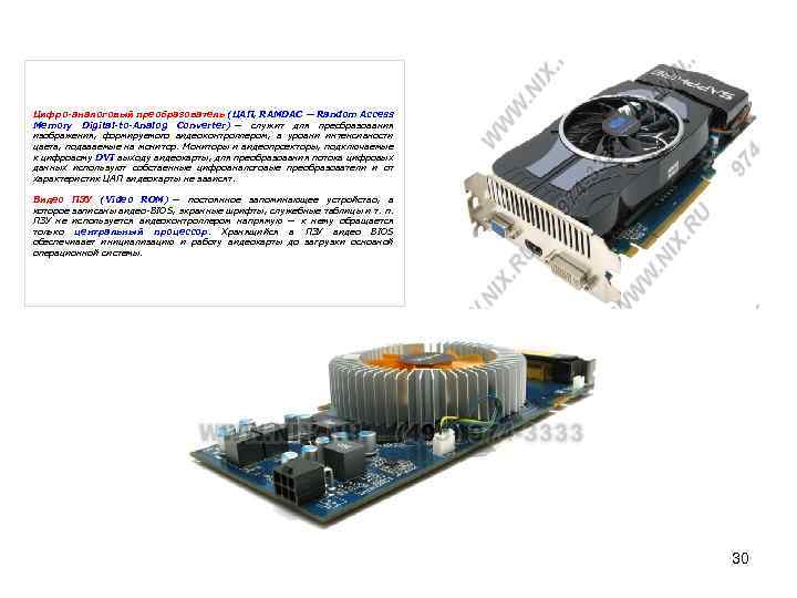 Цифро-аналоговый преобразователь (ЦАП, RAMDAC — Random Access Memory Digital-to-Analog Converter) — служит для преобразования