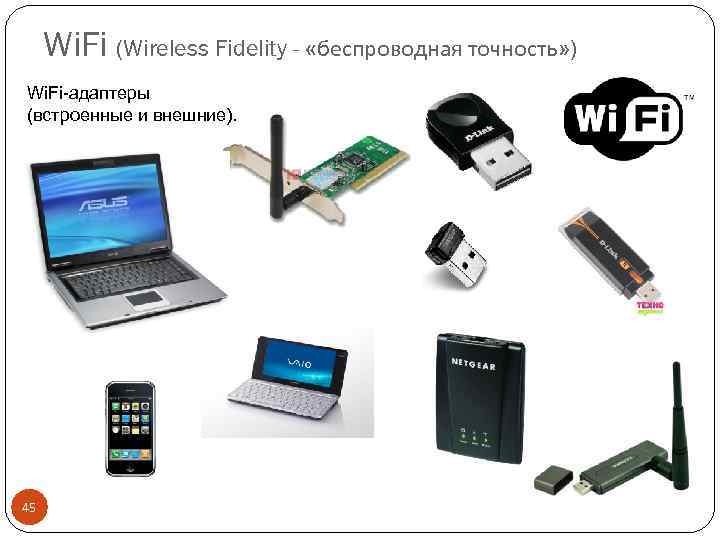 Wi. Fi (Wireless Fidelity - «беспроводная точность» ) Wi. Fi-адаптеры (встроенные и внешние). 45