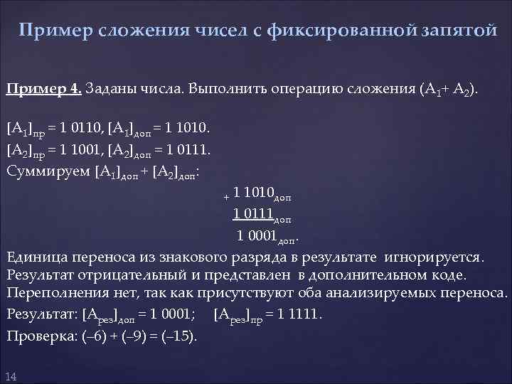 Пример сложения чисел с фиксированной запятой Пример 4. Заданы числа. Выполнить операцию сложения (А