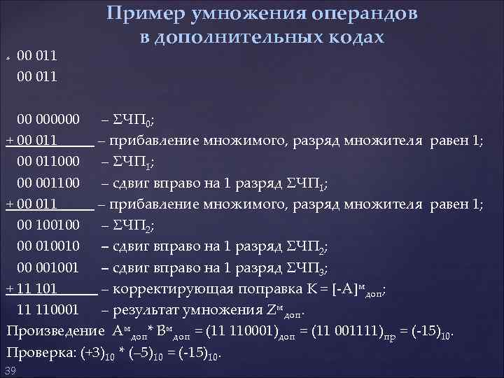 * 00 011 Пример умножения операндов в дополнительных кодах 00 011 00 000000 –