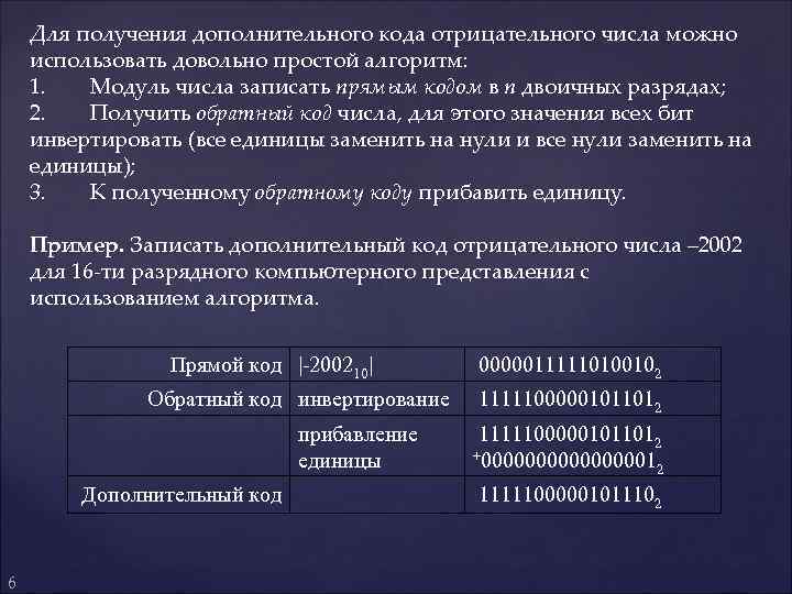 Для получения дополнительного кода отрицательного числа можно использовать довольно простой алгоритм: 1. Модуль числа