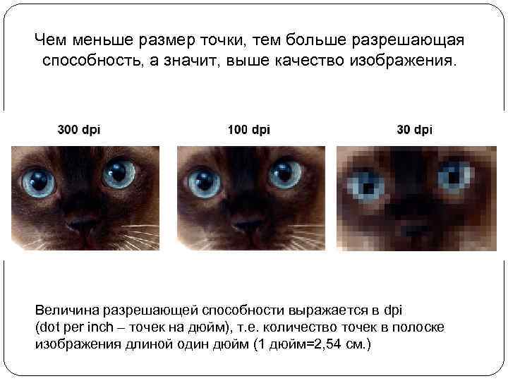 Чем меньше размер точки, тем больше разрешающая способность, а значит, выше качество изображения. Величина