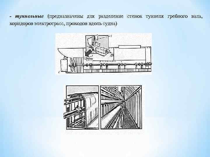 - туннельные (предназначены для разделение стенок туннеля гребного вала, коридоров электротрасс, проходов вдоль судна)