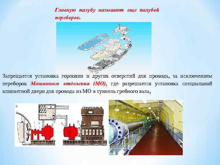 Главную палубу называют еще палубой переборок. Запрещается установка горловин и других отверстий для прохода,