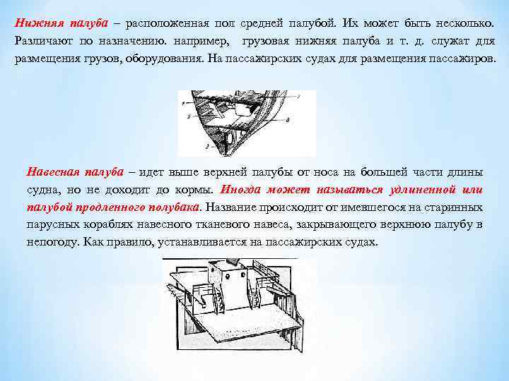 Нижняя палуба – расположенная пол средней палубой. Их может быть несколько. Различают по назначению.