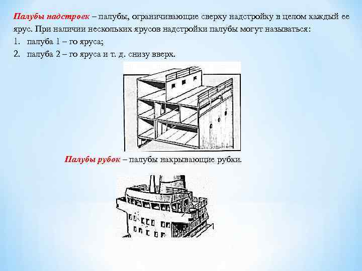 Палубы надстроек – палубы, ограничивающие сверху надстройку в целом каждый ее ярус. При наличии